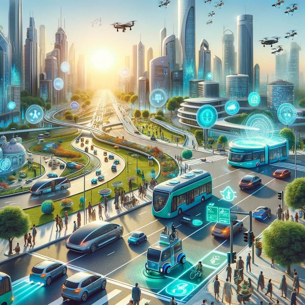DALL·E-2023-12-20-08.13.56-A-futuristic-depiction-of-Artificial-Intelligence-Paving-the-Way-for-Safer-Greener-and-Fairer-Transportation.-The-image-shows-a-bustling-city-with.jpg