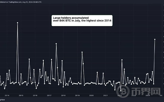 数据显示 大型比特币持有者 7 月份增持了 54 亿美元的 BTC