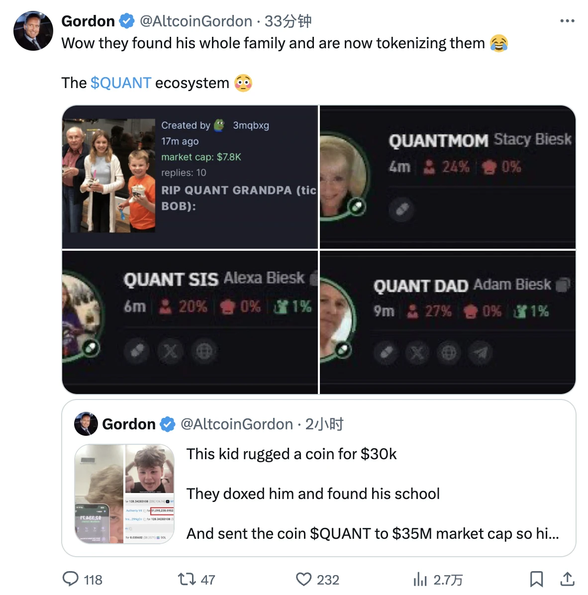 Quant蹿火故事:小孩哥直播rug,社区拉盘教他做人