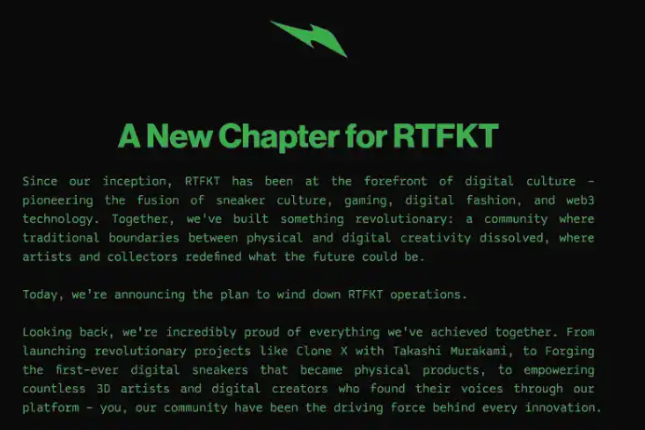 RTFKT宣布停止运营，老蓝筹NFT在新牛市的落幕
