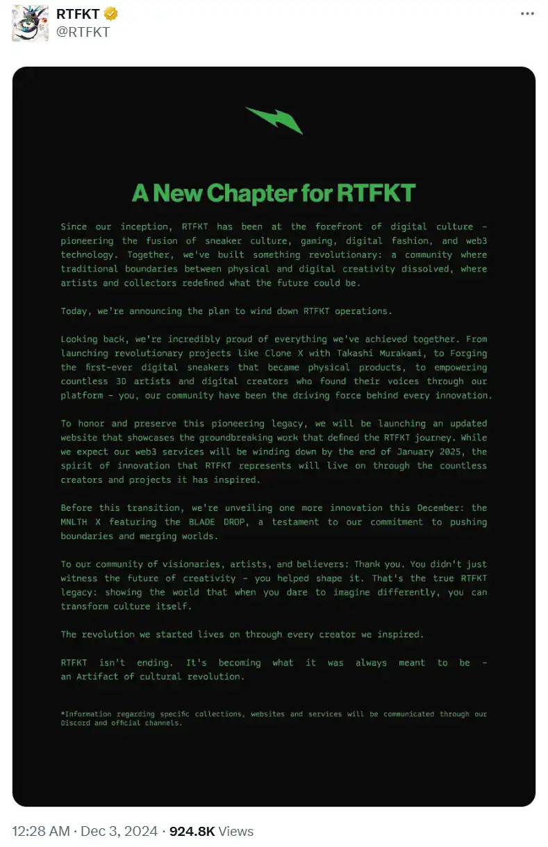 RTFKT宣布停止运营,老蓝筹NFT在新牛市的落幕