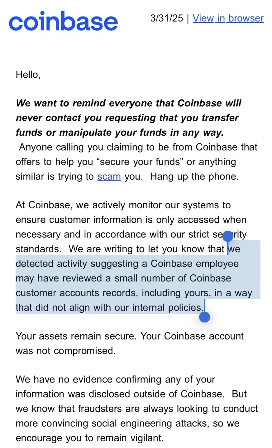 「内鬼」泄露信息,Coinbase用户遭遇精准诈骗