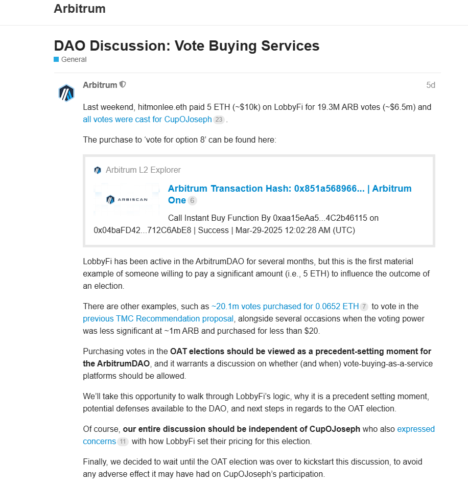 Arbitrum选举风波：5ETH撬动650万美元投票权，DAO治理沦为资本猎场