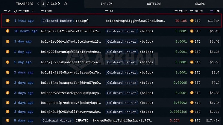 Hacker Coldcard Resumes Transfer of Stolen 30 BTC to a New Wallet