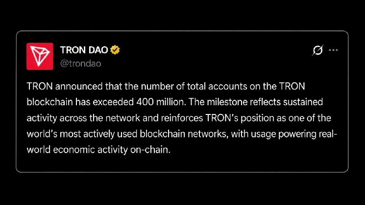 Tron Network Accounts Surpass 400 Million, USDT Transfer Volume Nears $30 Trillion