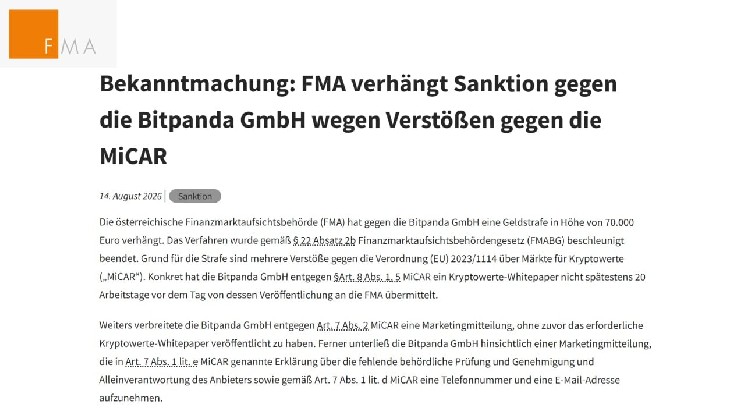 Austria multa a Bitpanda con 70.000 euros: primera sanción en el sector de las criptomonedas impuesta bajo MiCA