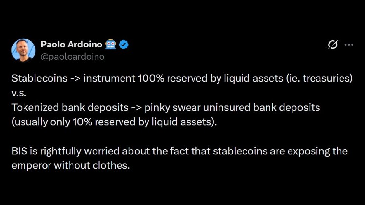 Tether CEO Criticizes BIS for Attempting to Introduce Tokenized Bank Deposits