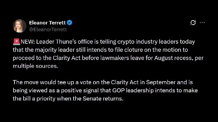 Thune presentará moción para votación en septiembre sobre el proyecto de ley CLARITY Act