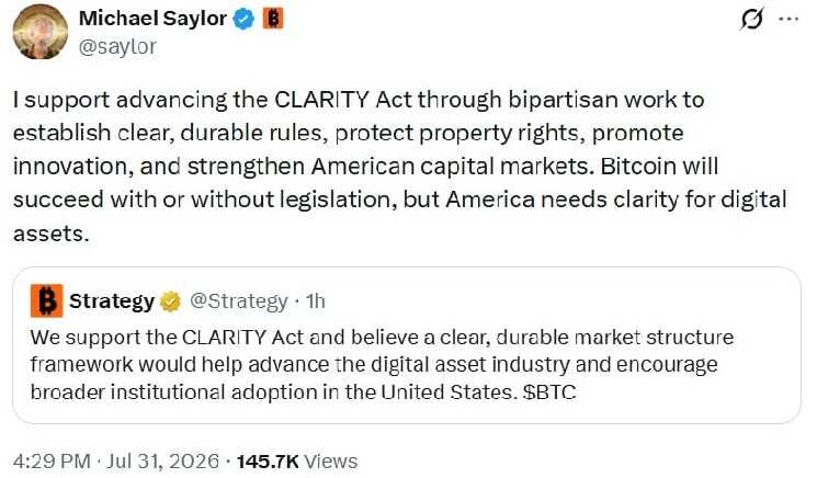 赛勒及其公司Strategy正式支持美国加密货币法案CLARITY Act