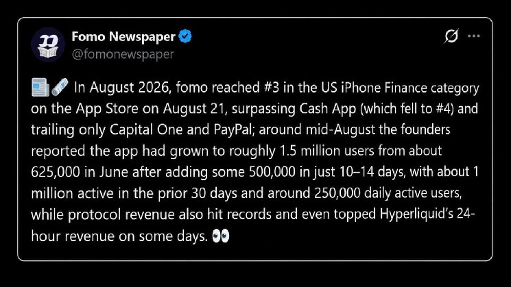 FOMO entre dans le top 5 des classements financiers aux États-Unis, devançant Kalshi et Cash App